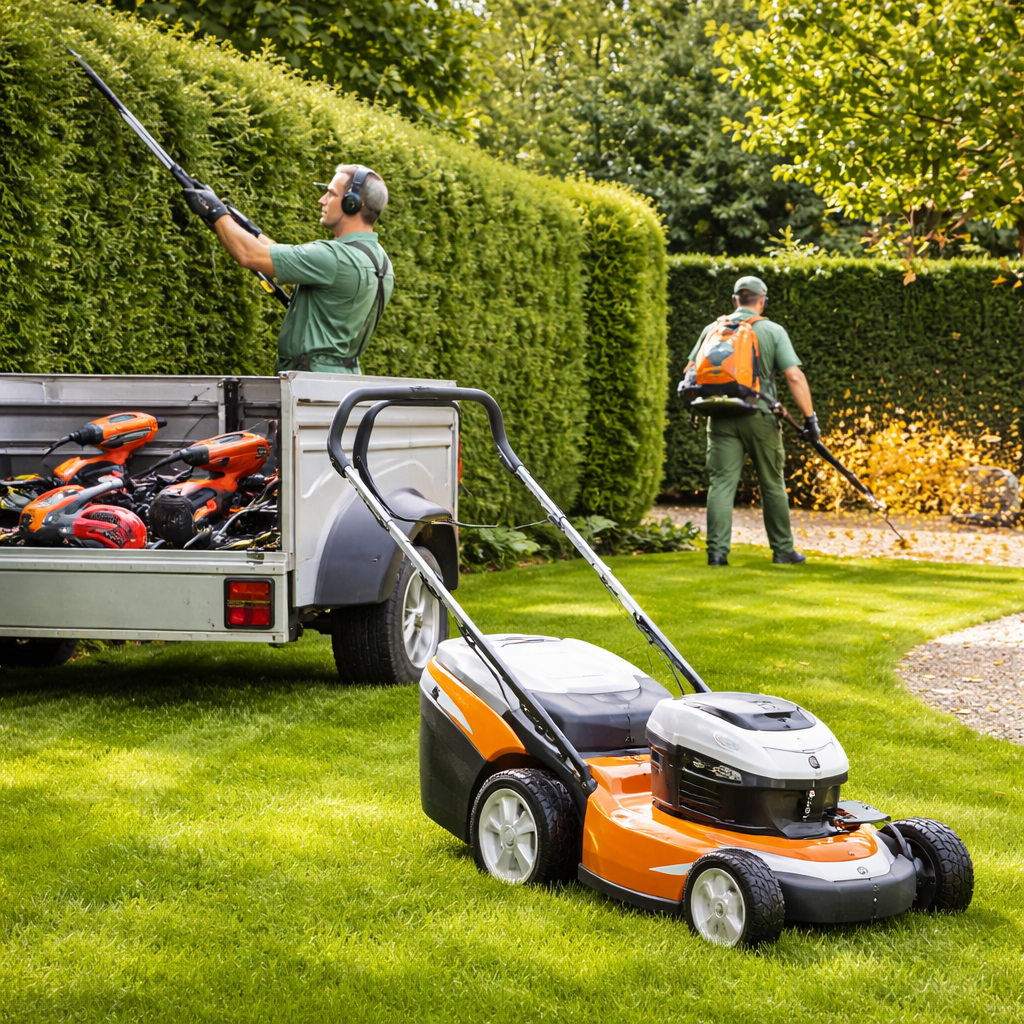 Grundstückspflege mit Rasenmäher und Heckenschnitt in gepflegter Grünanlage