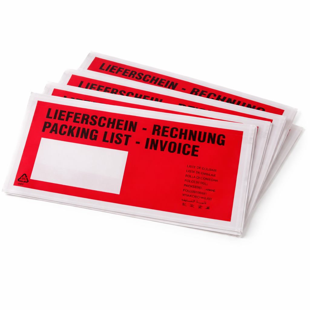 Rote Lieferscheintaschen auf weißem Hintergrund