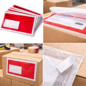 Nahaufnahmen von Versandtaschen mit Klarsichtfolie