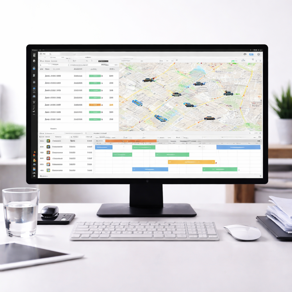 Disponentensoftware mit Kartenübersicht, Auftragsliste und Einsatzplanung auf einem Monitor